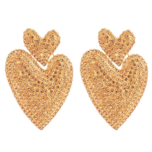 Statement Heart Earrings | Champagne Gold-Tone Rhinestone Drop Dangles - Picture 1 of 11